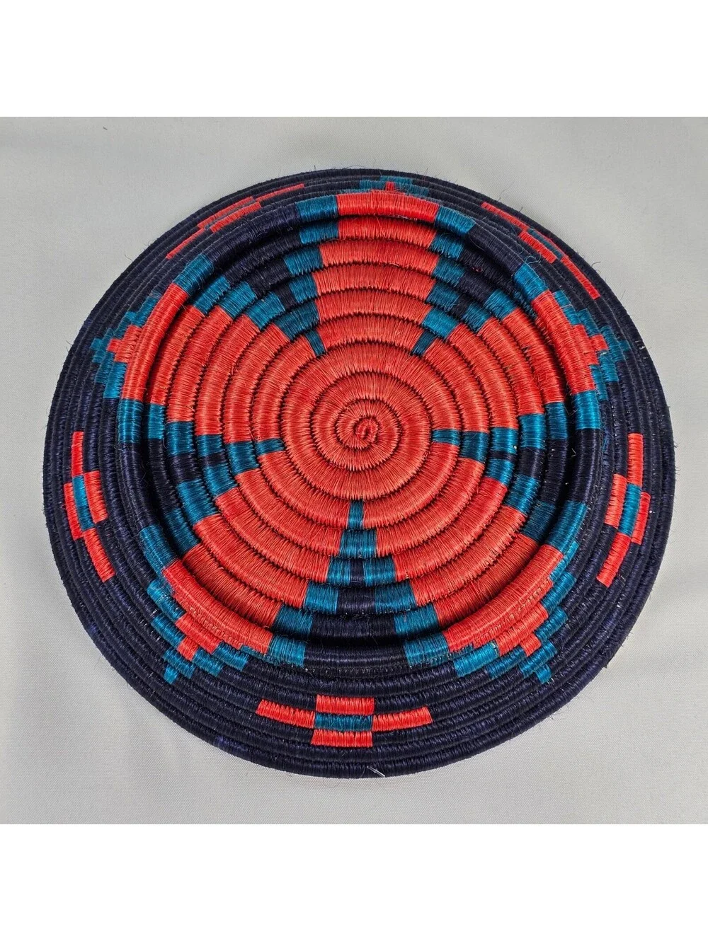 Handwoven Coiled Basket Bowl Navy Red Turquoise Geometric Decor Metal Handles